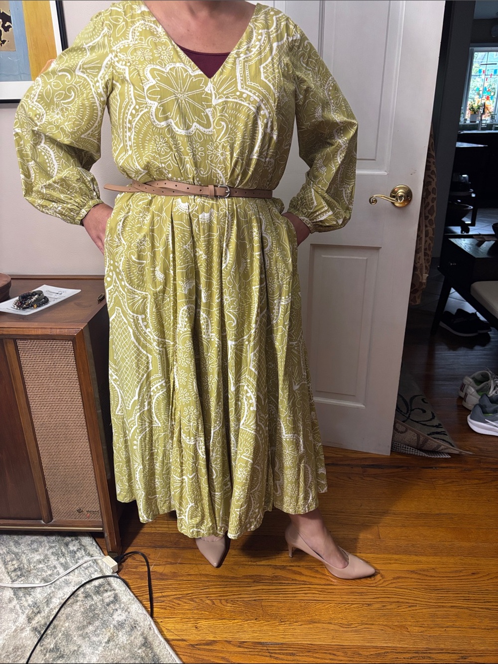 Anthropologie Olive Green & White Paisley Maxi Dress